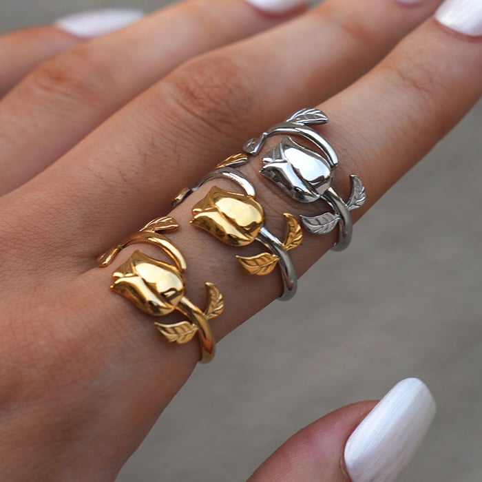 1 Piece Retro Flower Rose Stainless Steel  Gold Color Women‘s  Statement Rings h5Picture4