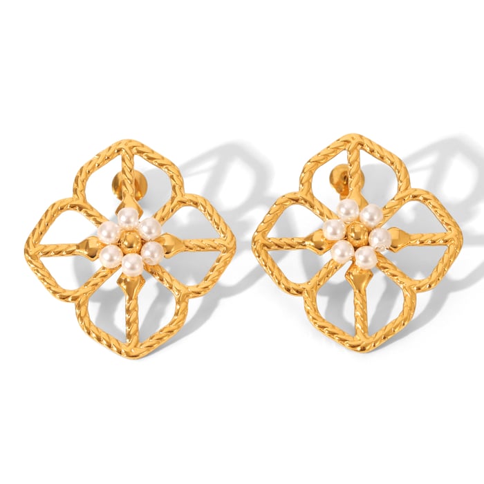 1 Pair Flower Stainless Steel   Gold Color  Pearl Women's Stud Earrings