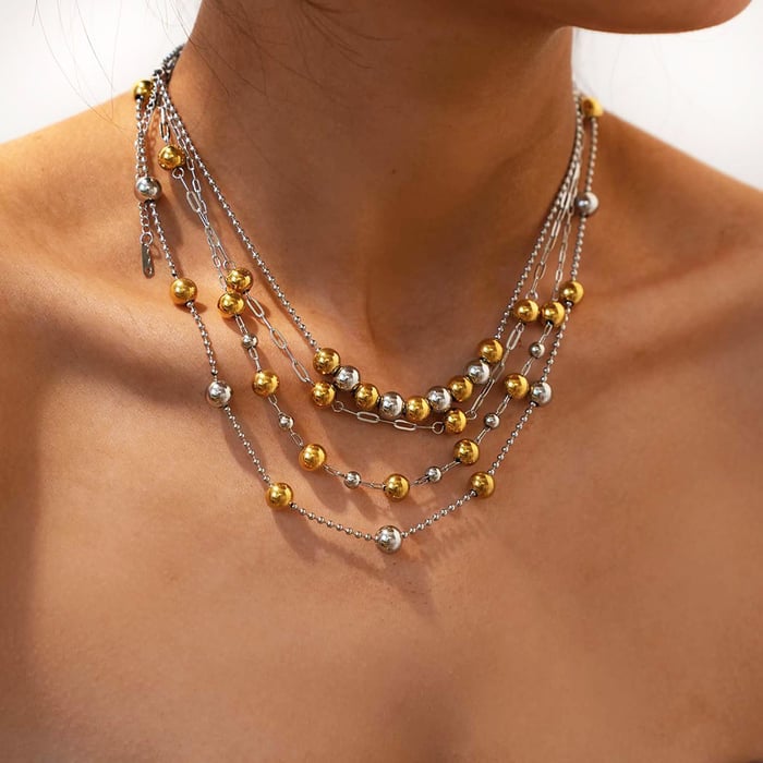 1 Piece Simple Mixed Gold Color And Silver Colors Stainless Steel  Women‘s Beaded Necklaces h5Picture5