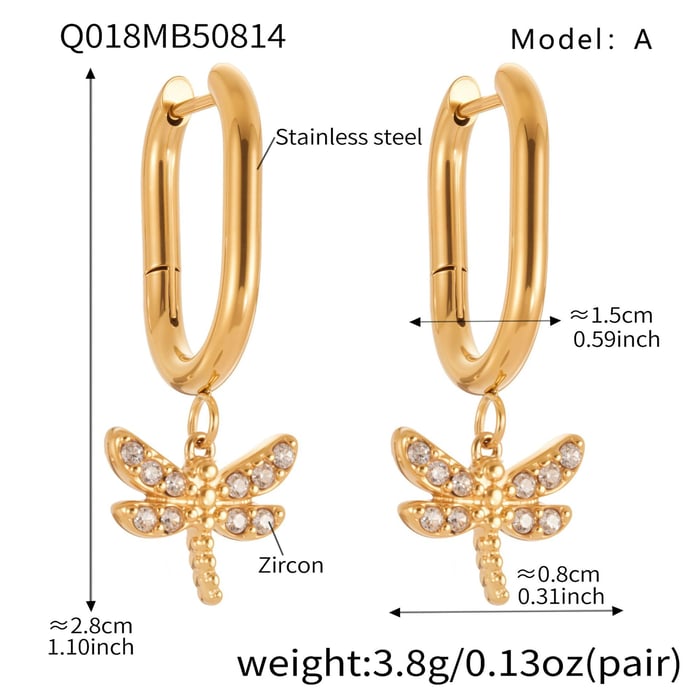 1 Pair Exquisite Dragonfly Stainless Steel Gold Color Zircon Women's Drop Earrings