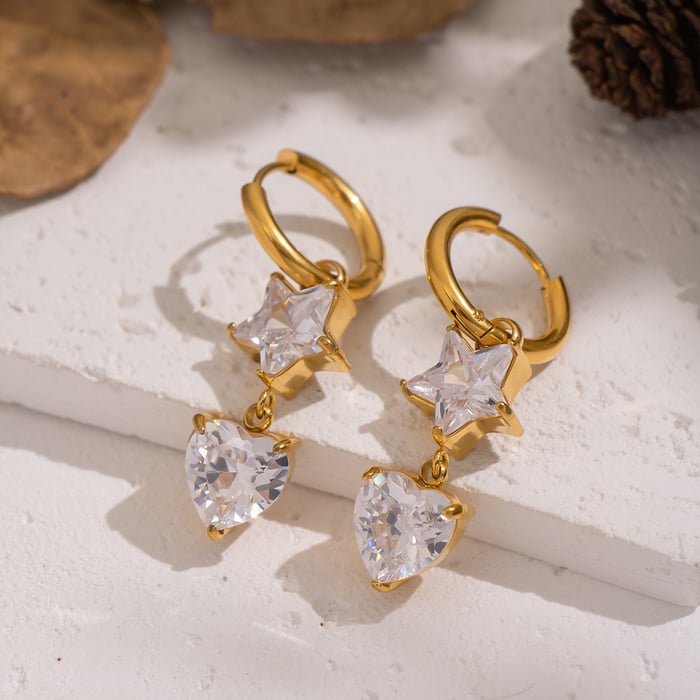 1 Pair Stainless Steel Gold Color Heart Star Zircon Drop Earrings h5Picture3