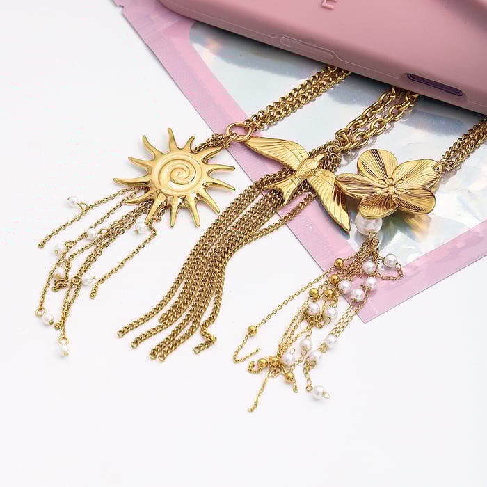 1 Piece Romantic Series Flower Tassel Stainless Steel Gold Color Women's Long Necklaces Picture3