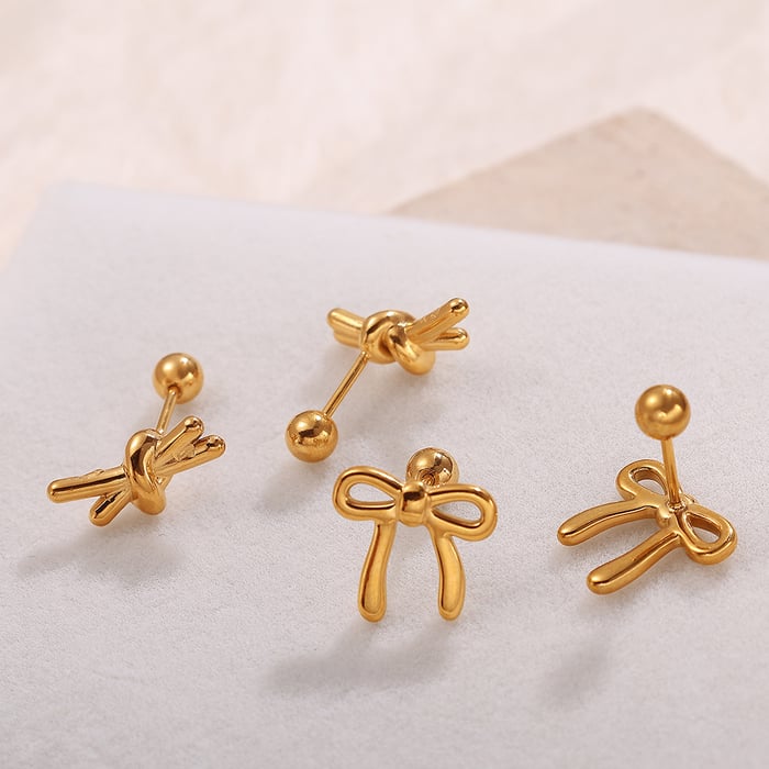 1 Pair Bow Knot Stainless Steel Gold Color Rhinestone Piercing Earrings h5Picture2