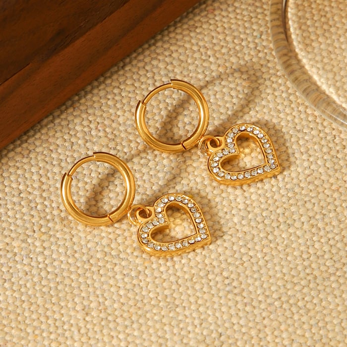 1 Pair Heart Stainless Steel   Gold Color  Zircon Women's Hoop Earrings h5Picture4