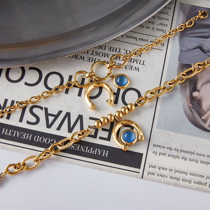 1 Stück luxuriöse blaue Harzkreis-Edelstahl-Goldfarbe Damen-Charm-Armbänder h5Bild4