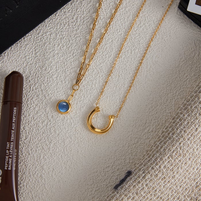 1 Stück klassische blaue Harzkreis-Edelstahl-Goldfarben-Damen-Anhänger-Halsketten Bild5
