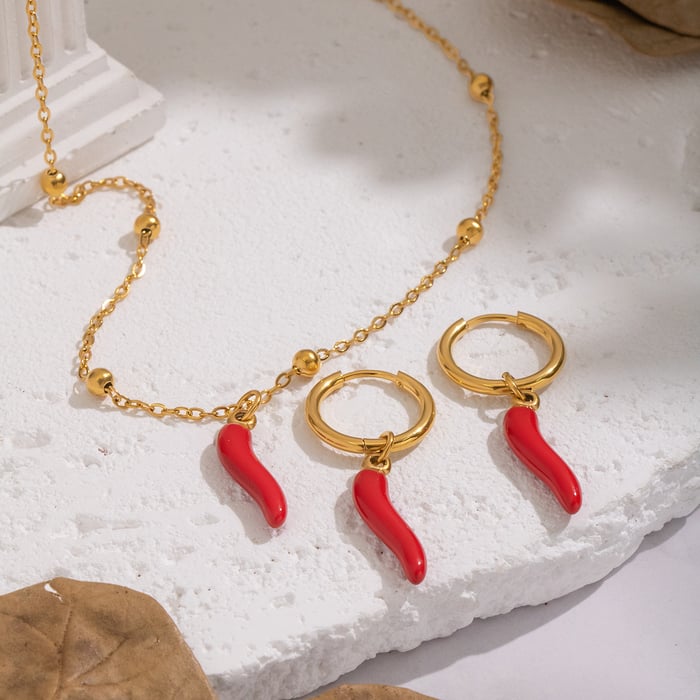 Enamel Chili Stainless Steel Gold Color Necklace Set h5Picture2