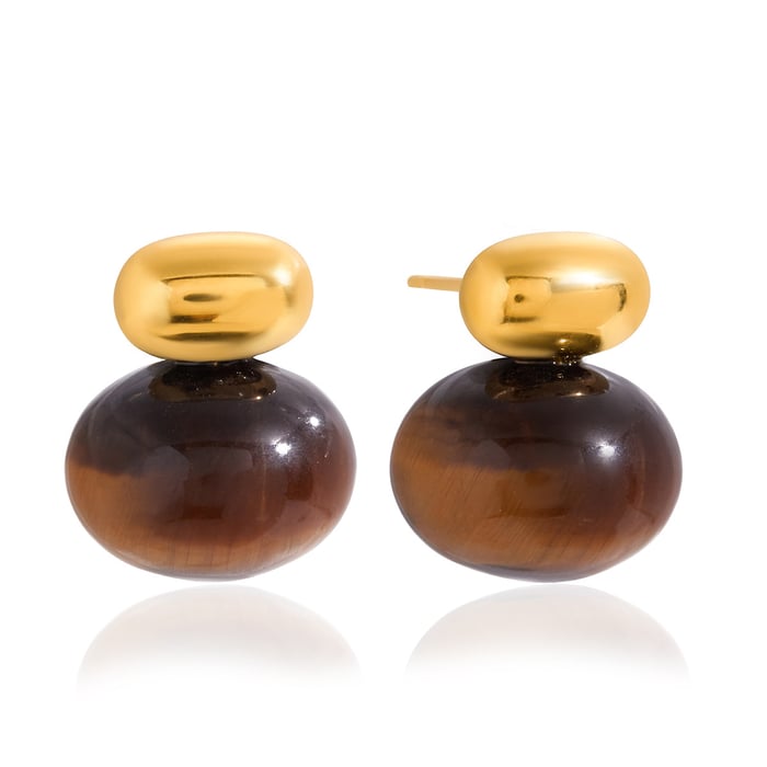 1 Pair Classic Oval Stainless Steel Gold Color Natural Stone Women's Stud Earrings