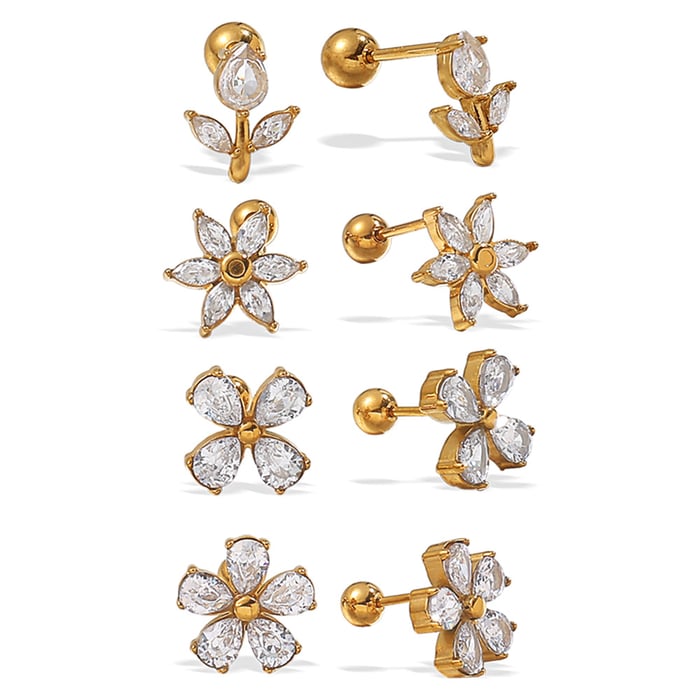 1 Pair Flower Stainless Steel Gold Color Zircon Piercing Earrings h5Picture4