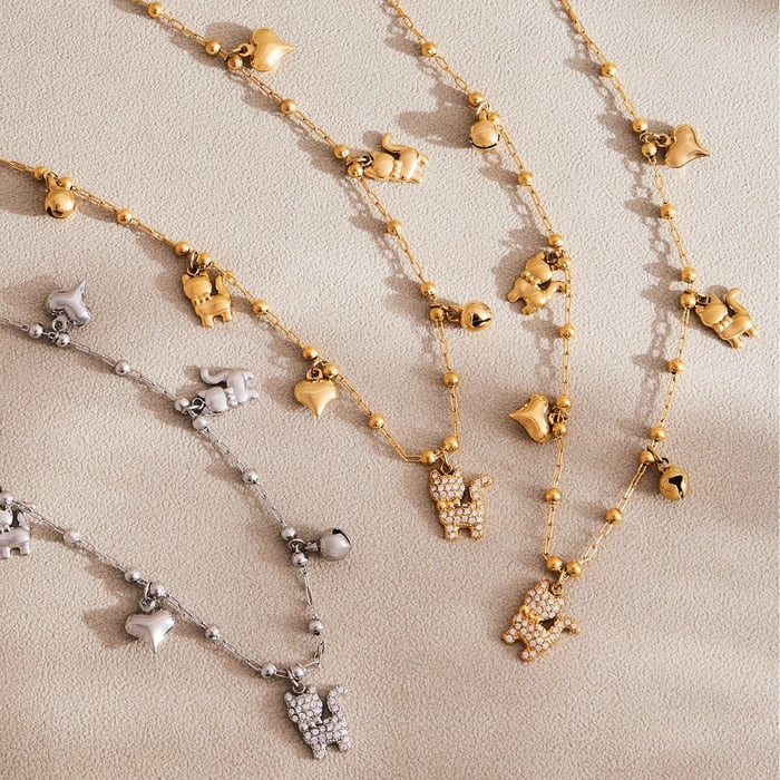 Delicate Cute Kitty Stainless Steel Gold Color Zircon Women's Jewelry Sets h5Picture6