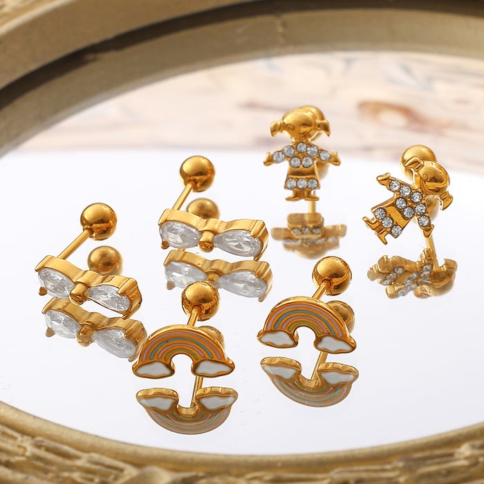 1 Pair Bow Knot Stainless Steel Gold Color Rhinestone Piercing Earrings h5Picture2
