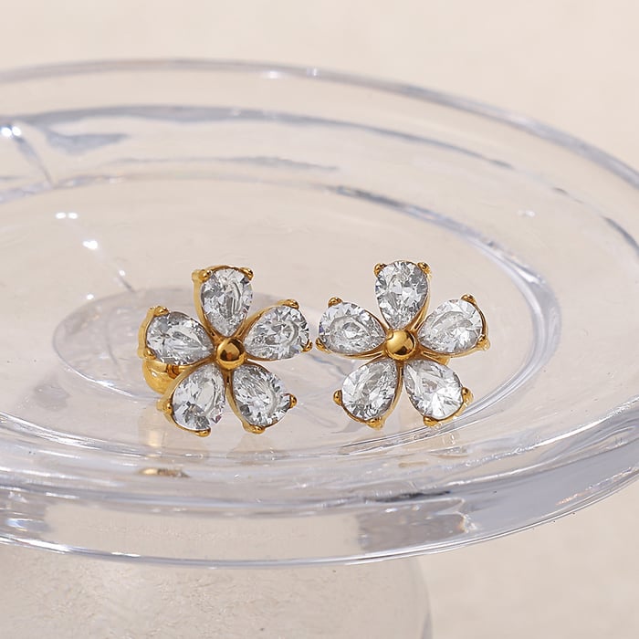 1 Pair Flower Stainless Steel Gold Color Zircon Piercing Earrings h5Picture2