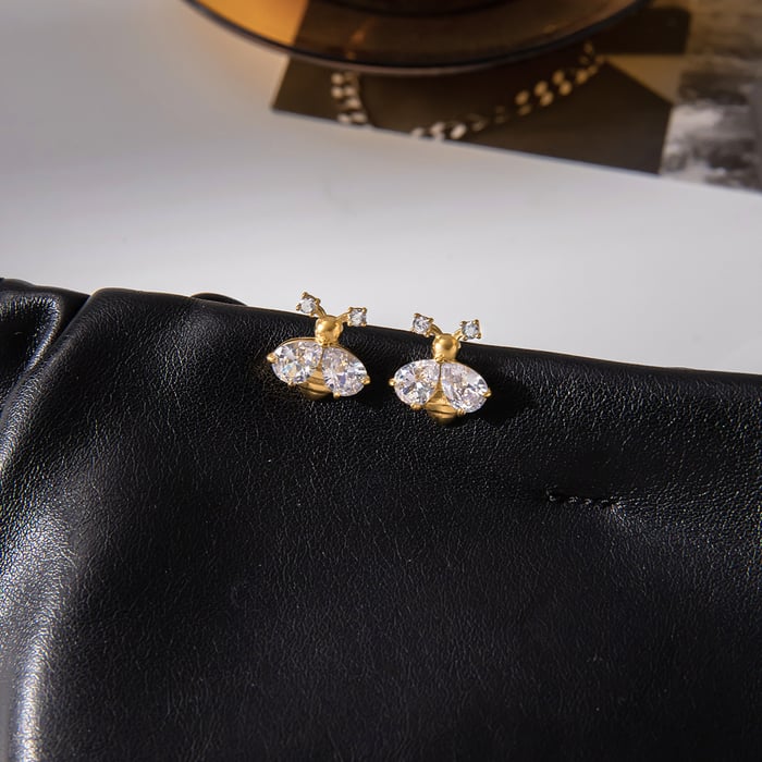 1 Pair Luxurious Bee Zircon Stainless Steel Gold Color Women's Stud Earrings h5Picture5