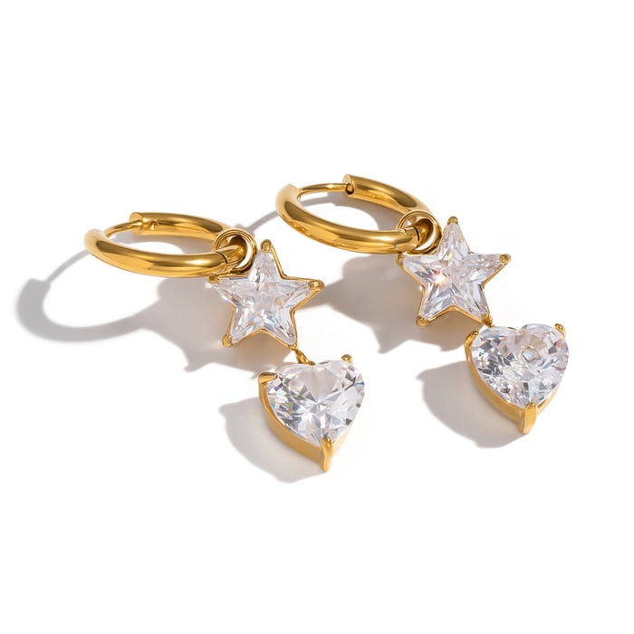 1 Pair Stainless Steel Gold Color Heart Star Zircon Drop Earrings h5Picture5