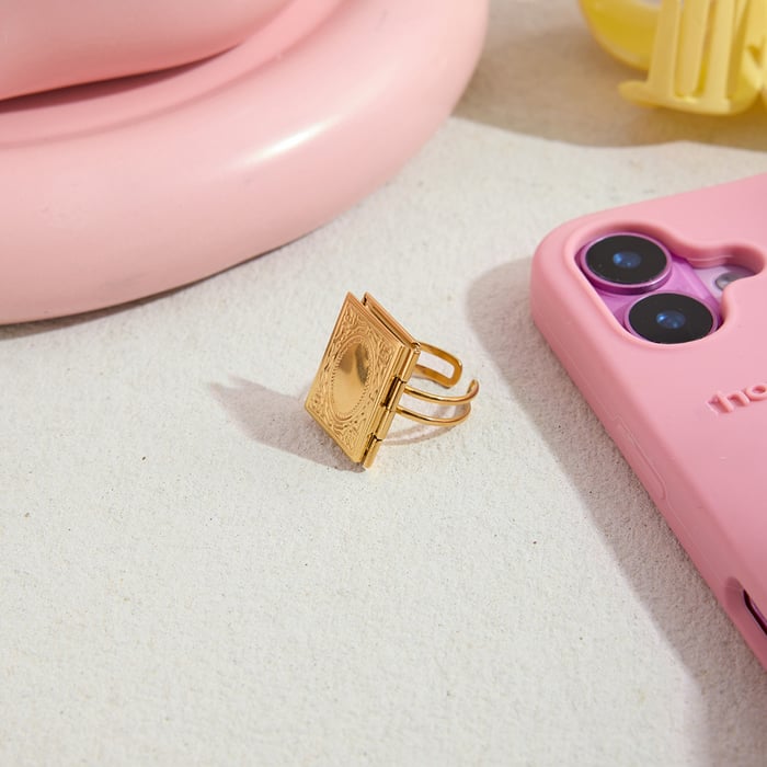 1 Piece Romantic Rectangle Photo Album Stainless Steel Gold Color Statement Rings h5Picture6