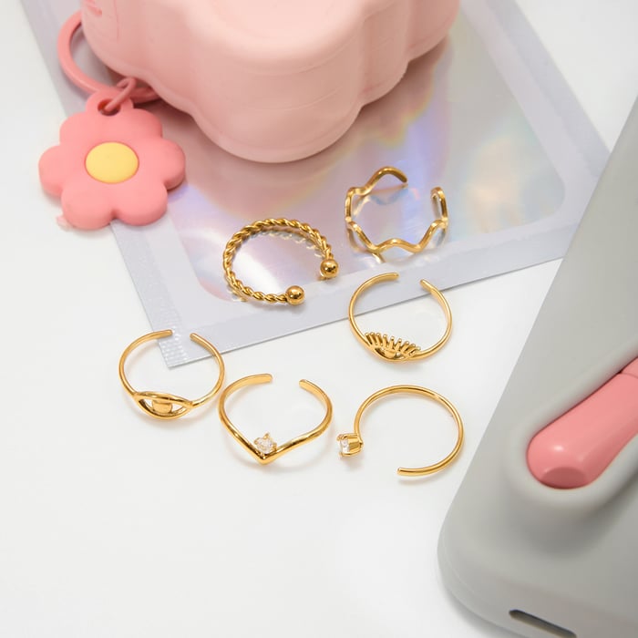 1 Piece Delicate Curve Stainless Steel Gold Color Zircon Ring Sets h5Picture5