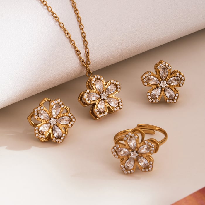 Classic Flower Rotatable Stainless Steel Gold Color Zircon Women's Jewelry Sets h5Picture4