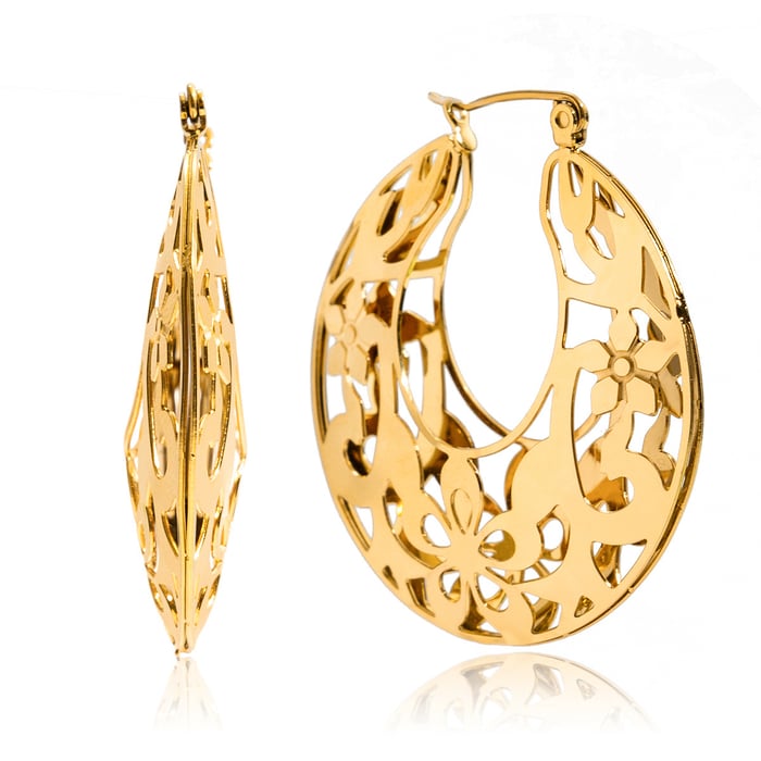 1 Pair Stylish Flower Hollowed-out Stainless Steel Gold Color Women's Hoop Earrings