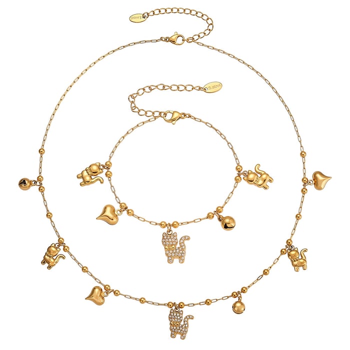 Delicate Cute Kitty Stainless Steel Gold Color Zircon Women's Jewelry Sets h5Picture7