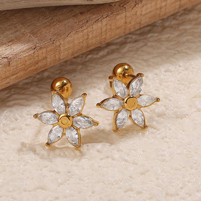 1 Pair Flower Stainless Steel Gold Color Zircon Piercing Earrings h5Picture3