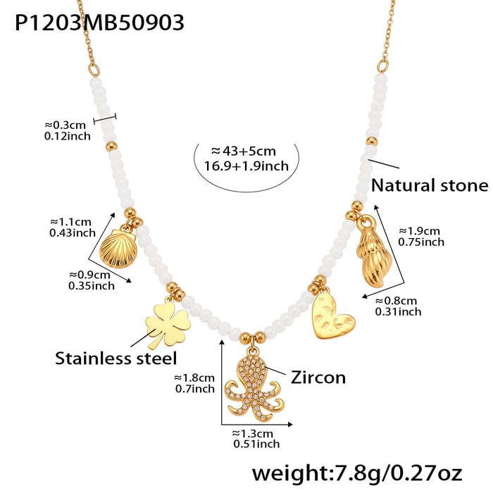 1 Piece Luxurious Octopus Stainless Steel Gold Color Natural Stone Zircon Women's Beaded Necklaces