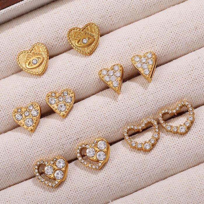 1 Pair Heart Stainless Steel Gold Color Rhinestone Piercing Earrings h5Picture3