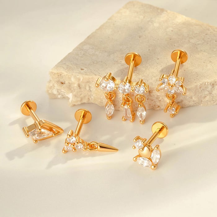 1 Piece Luxurious Rectangle Copper Gold Color Zircon Women's Piercing Earrings h5Picture4