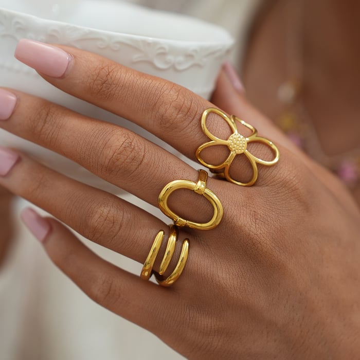 1 Piece  Casual Flower Rectangle Stainless Steel  Gold Color Women's Statement Rings h5Picture4
