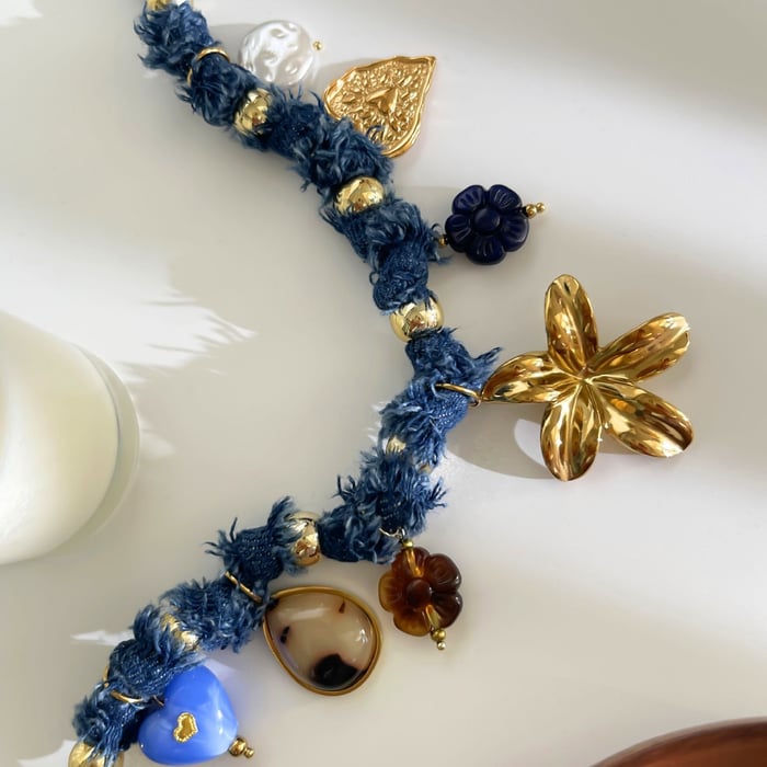 1 Piece Flower Heart Resin Gold Color Fabric Pendant Necklace h5Picture4