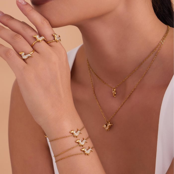Cute Dachshund Stainless Steel Gold Color Zircon Women's Jewelry Sets h5Picture5