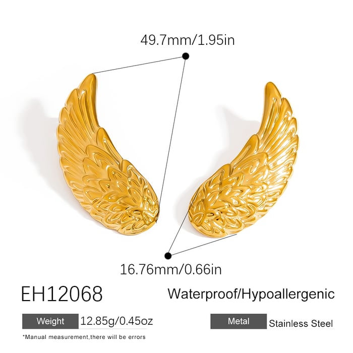 1 Pair Punk Wings Stainless Steel Gold Color Stud Earrings