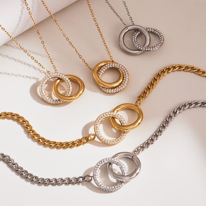 Simple Double Circle Stainless Steel Gold Color Zircon Women's Jewelry Sets h5Picture3
