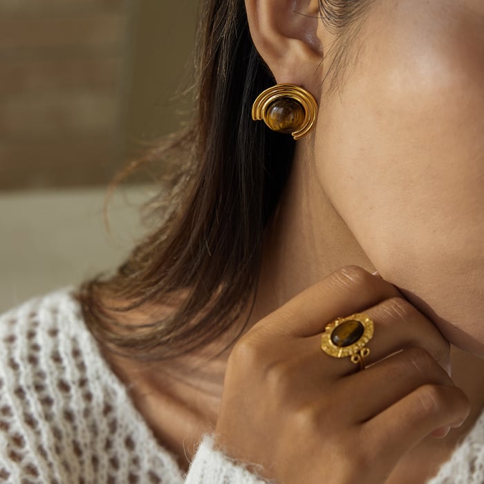 1 Pair Classic Ornate Natural Stone Stainless Steel Gold Color Women's Stud Earrings h5Picture5
