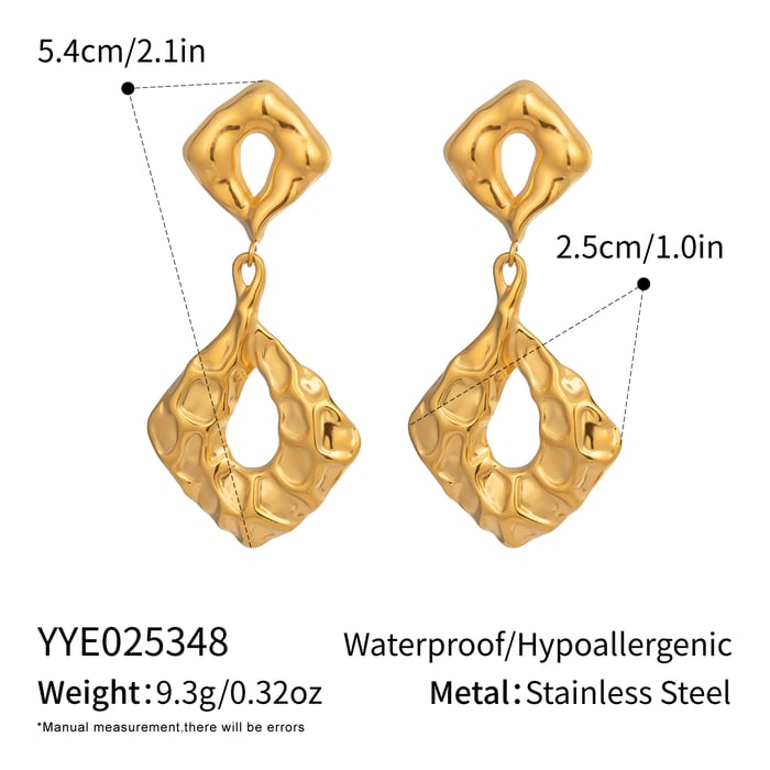 1 Pair Irregular Shape Hammer Pattern Stainless Steel Gold Color Drop Earrings 