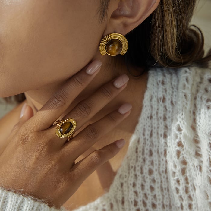 1 Pair Classic Ornate Natural Stone Stainless Steel Gold Color Women's Stud Earrings h5Picture4