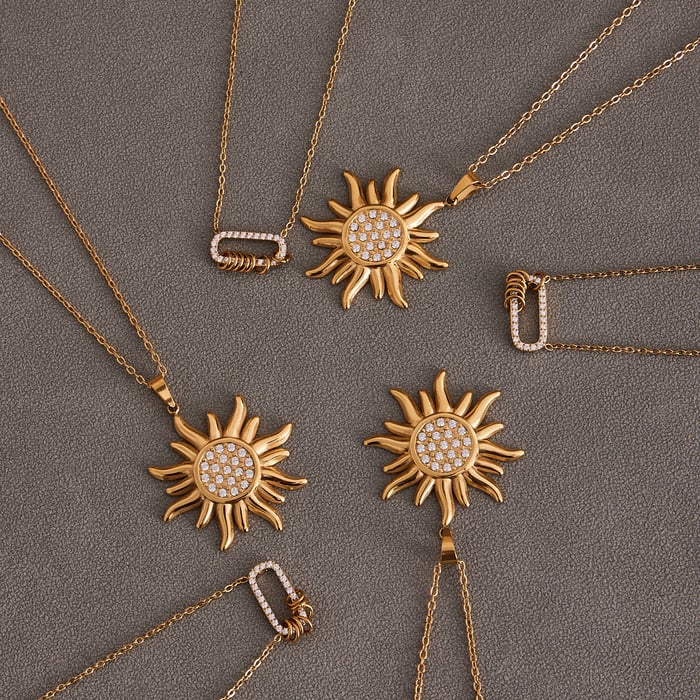 1 Piece Classic Sun Stainless Steel Gold Color Zircon Women's Pendant Necklaces h5Picture4