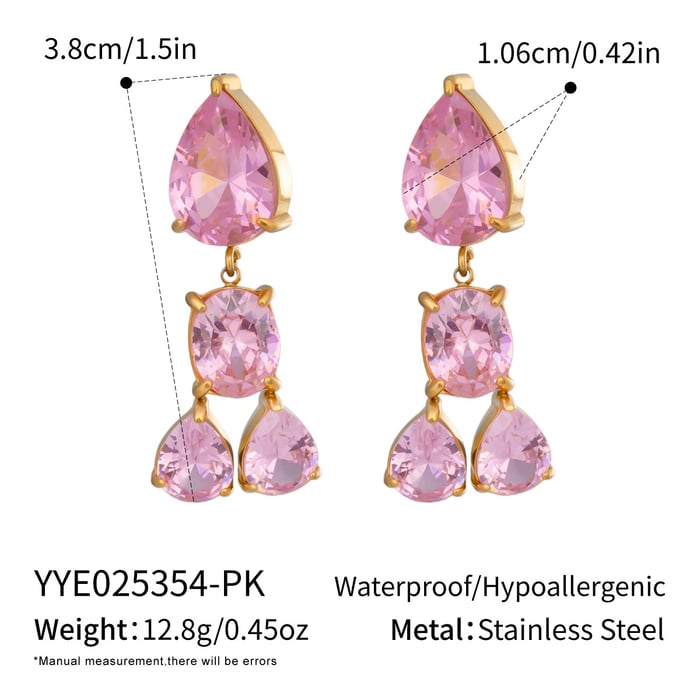1 Pair Luxurious Series Stainless Steel Gold Color  Pink Zircon Drop Earrings