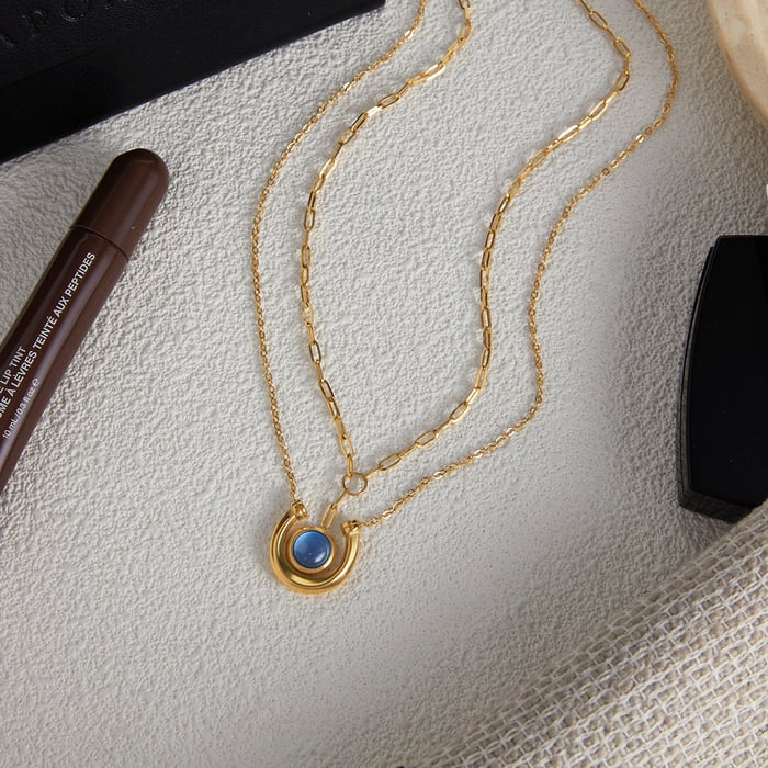 1 Stück klassische blaue Harzkreis-Edelstahl-Goldfarben-Damen-Anhänger-Halsketten Bild7