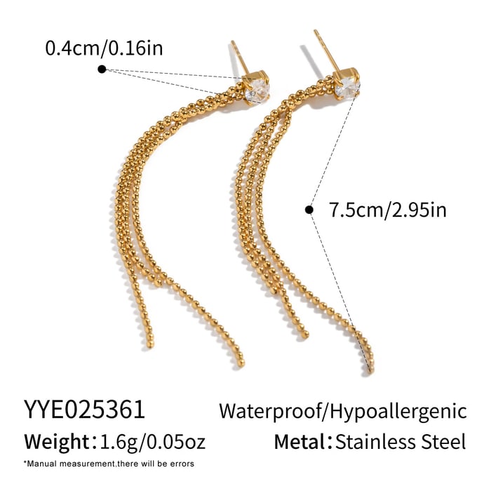 1 Pair Tassel Stainless Steel Gold Color Zircon Dangle Earrings