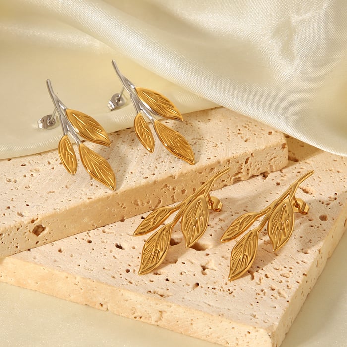 1 Pair Simple  Leaf Stainless Steel   Gold Color  Women's Stud Earrings h5Picture4
