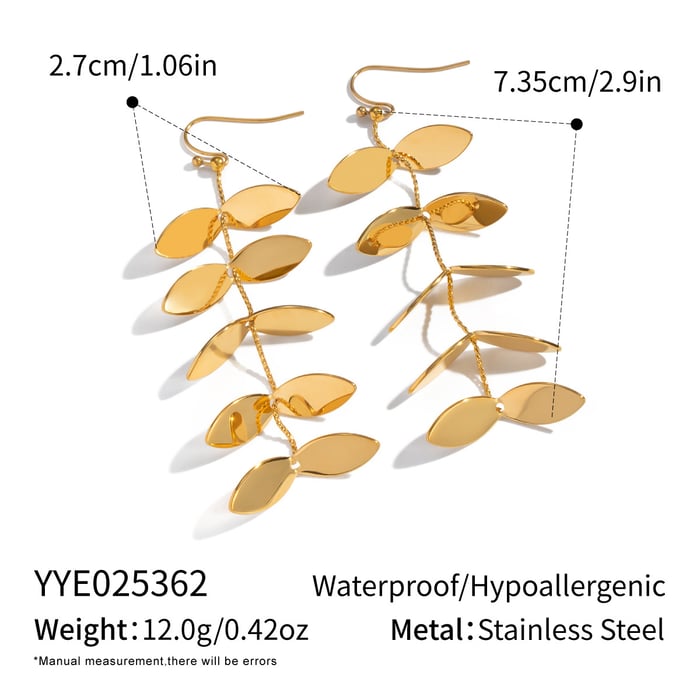 1 Pair Leaf Shape Stainless Steel Gold Color Dangle Earrings
