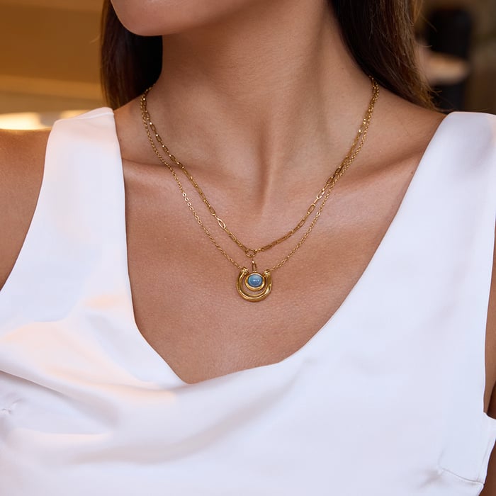 1 Stück klassische blaue Harzkreis-Edelstahl-Goldfarben-Damen-Anhänger-Halsketten Bild3