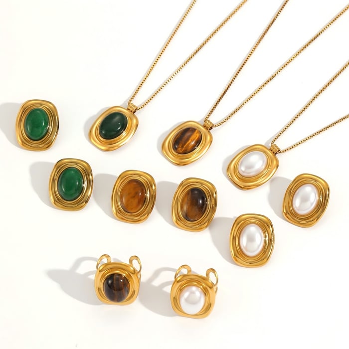 Set di collana con pietra naturale color oro in acciaio inossidabile rettangolare retrò Immagine3