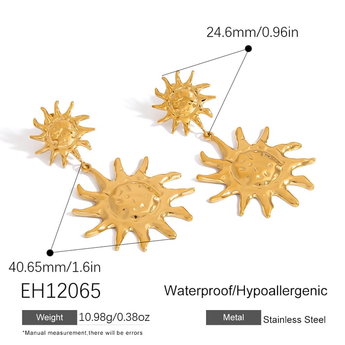 1 Pair Retro Sun Stainless Steel  Gold Color Drop Earrings