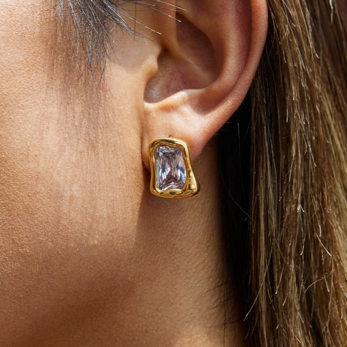 1 Pair Radiant Rectangular Shape Zircon Stainless Steel Gold Color Women's Stud Earrings h5Picture2