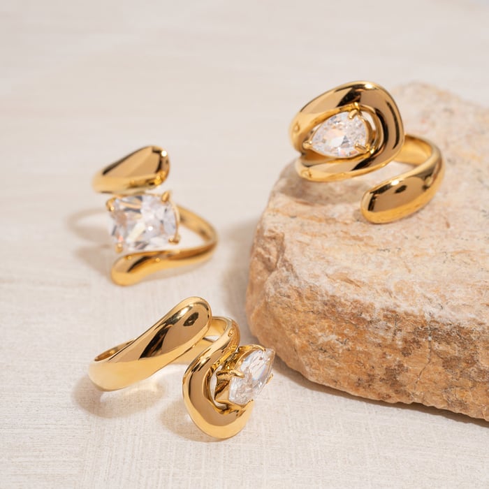 1 Piece Simple Irregular Shape Stainless Steel   Gold Color Women's Gemstone Ring h5Picture3