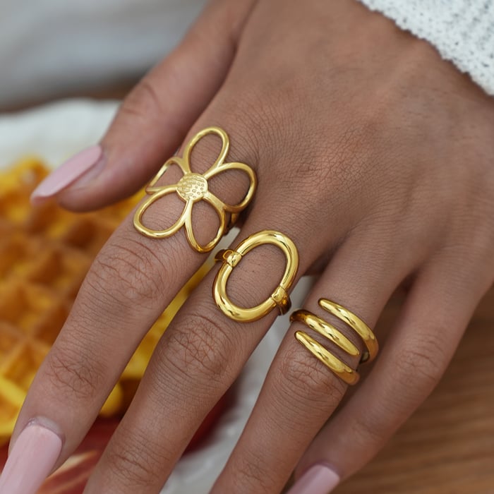 1 Piece  Casual Flower Rectangle Stainless Steel  Gold Color Women's Statement Rings h5Picture5