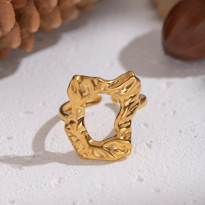 1 Piece Irregular Shape Hollowed-out Stainless Steel Gold Color Statement Ring h5Picture2