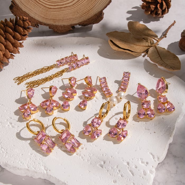 1 Pair Luxurious Series Stainless Steel Gold Color  Pink Zircon Drop Earrings h5Picture3