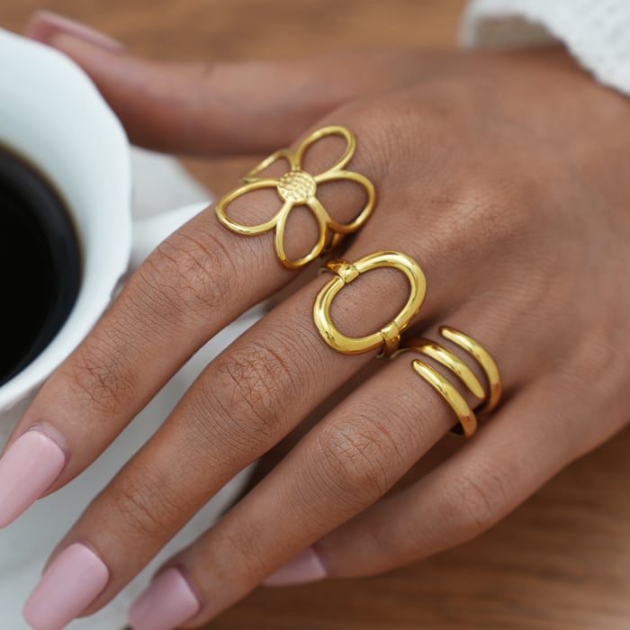 1 Piece  Casual Flower Rectangle Stainless Steel  Gold Color Women's Statement Rings h5Picture3